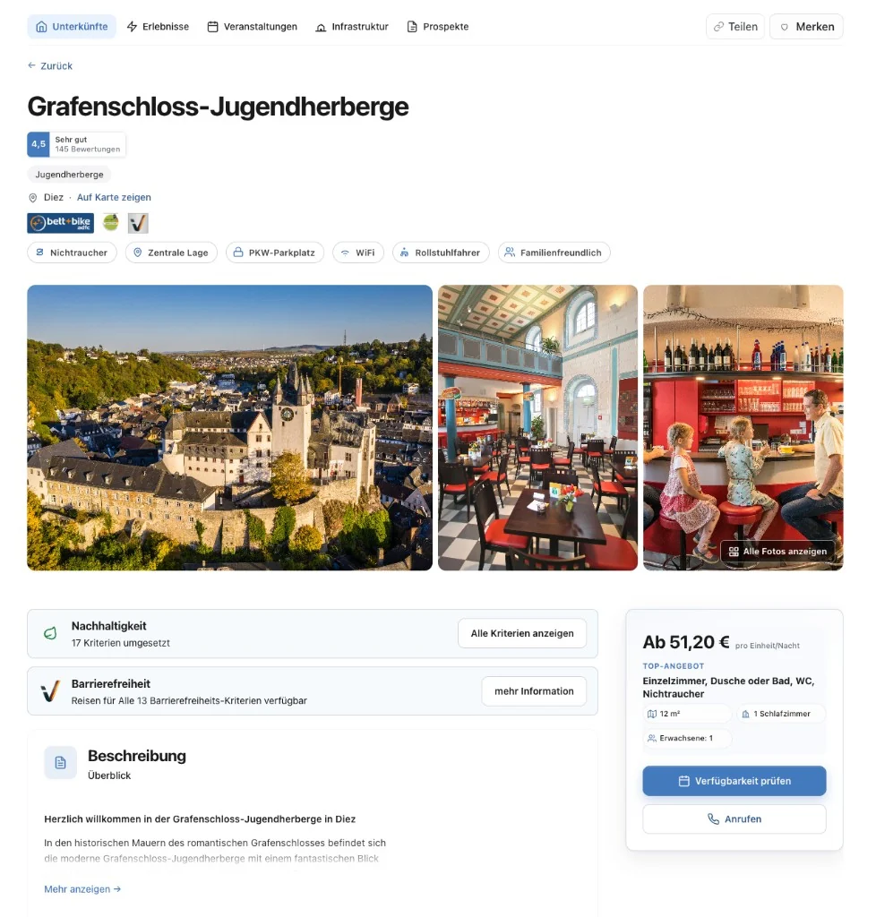 TourismusDesk Unterkunft Detailseite mit Galerie, Bewertungen, Badges, Beschreibung und Buchungs-CTA