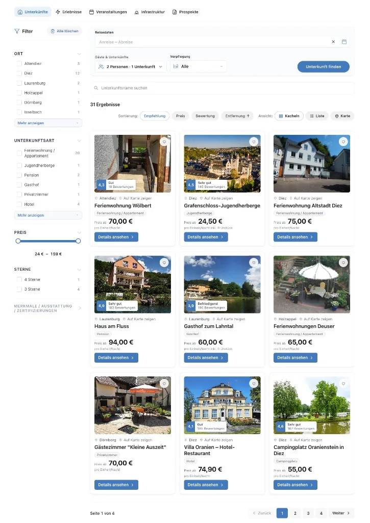 TourismusDesk Unterkunftssuche mit Filtern, Preisen, Bewertungen und Ergebnis-Karten