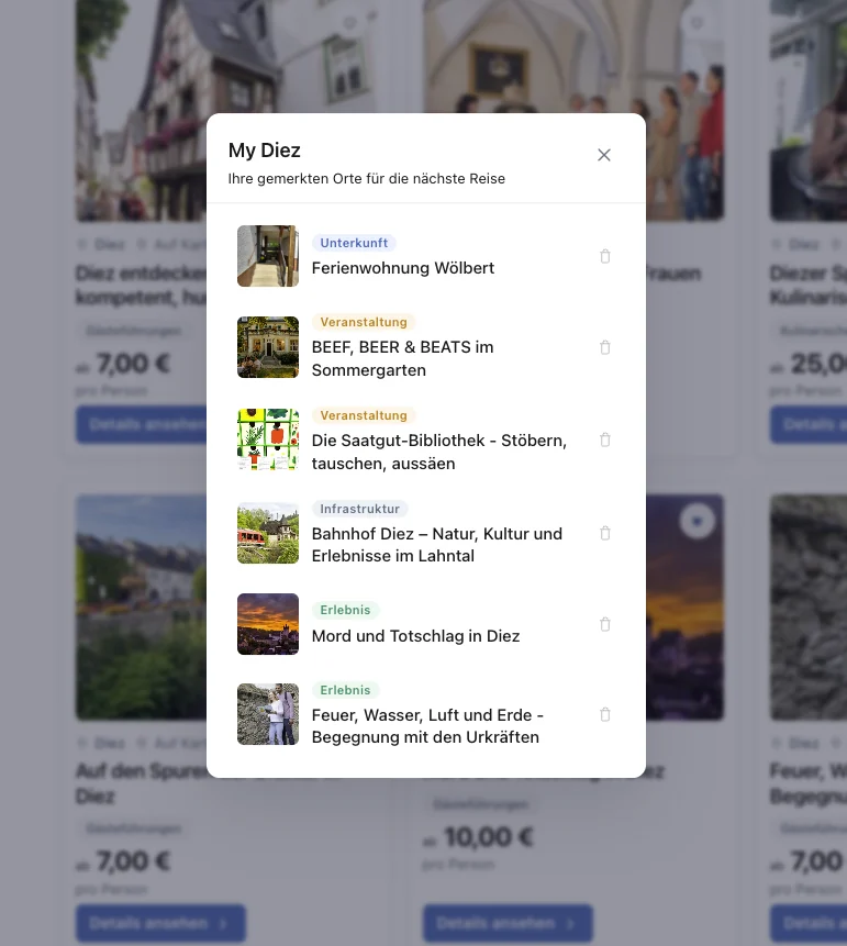 TourismusDesk My Diez Favoriten-Popup mit gemerkten Unterkünften, Veranstaltungen, Infrastrukturen und Erlebnissen
