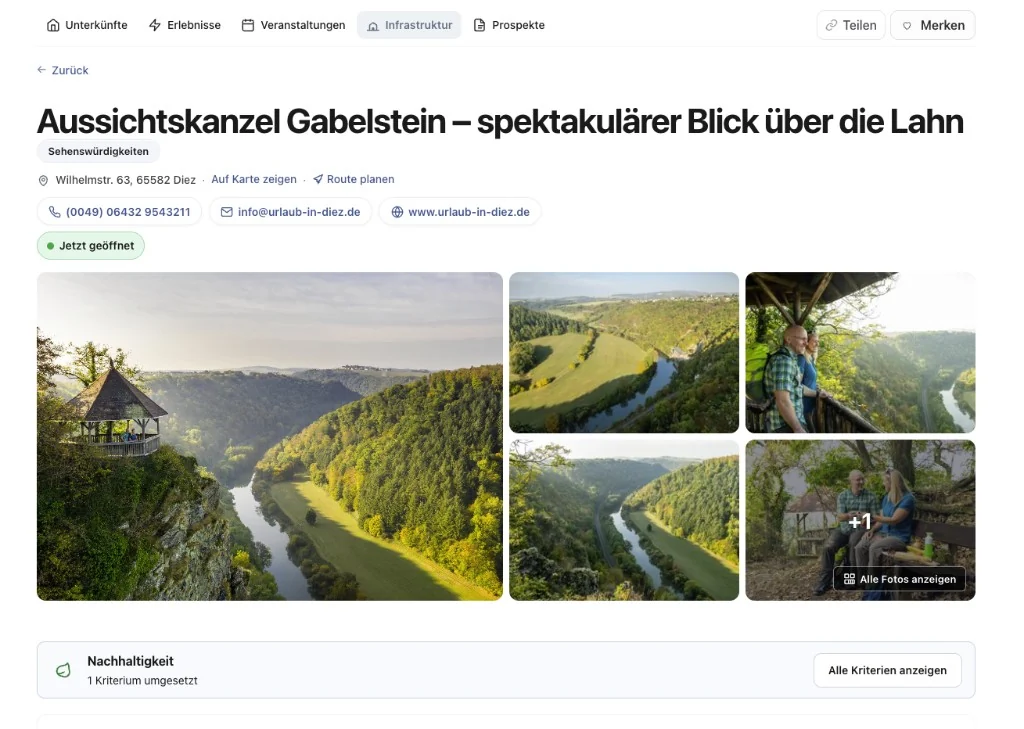 TourismusDesk Infrastruktur-Detailseite mit Galerie, Öffnungsstatus, Kontakt, Route und Kartenbezug
