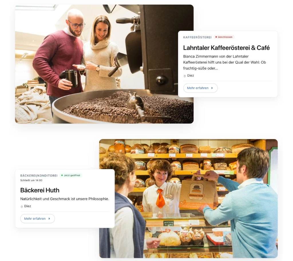 TourismusDesk Infrastruktur- und Gastronomie-Karten mit Bild, Öffnungsstatus und Mehr-erfahren-CTA