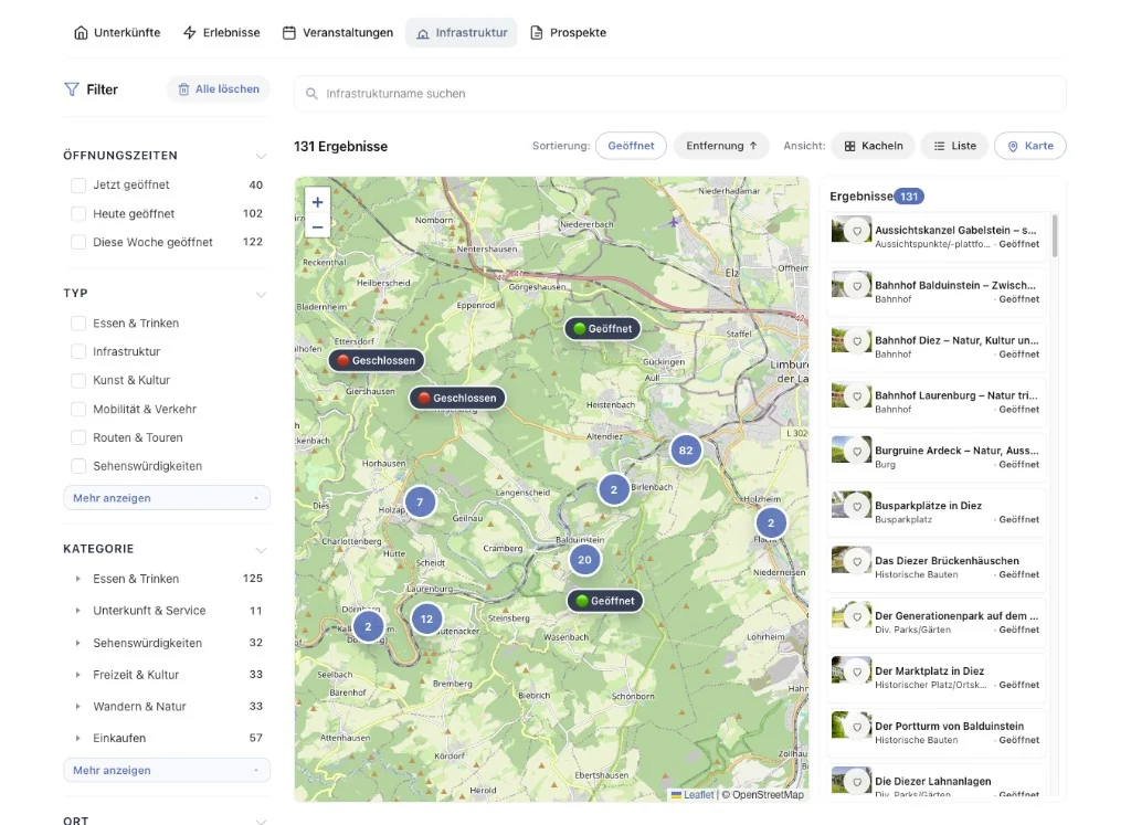 TourismusDesk Infrastruktur-Kartenansicht mit Filtern, Öffnungsstatus und Ergebnisliste