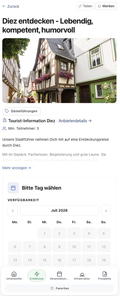 Mobile TourismusDesk Erlebnis-Detailseite mit Bottom-Navigation und Datumswahl