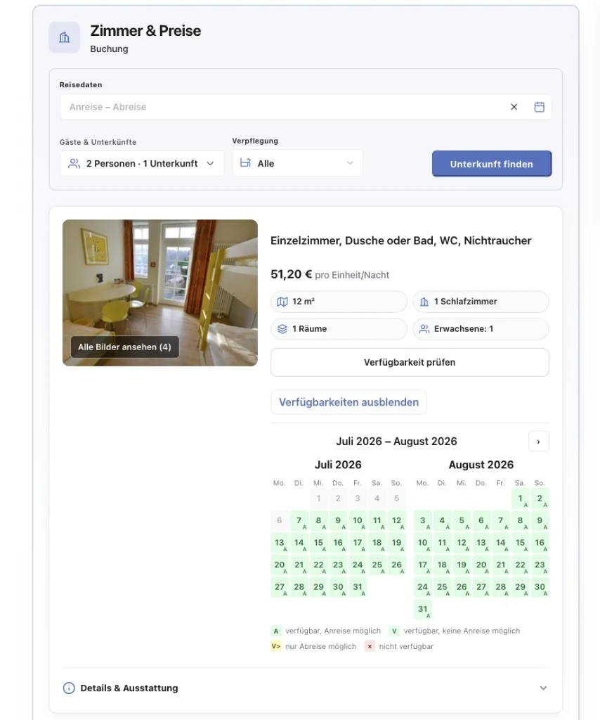 TourismusDesk Zimmer und Preise mit Reisedaten, Zimmerkarte, Verfügbarkeitskalender und Anfrage-CTA